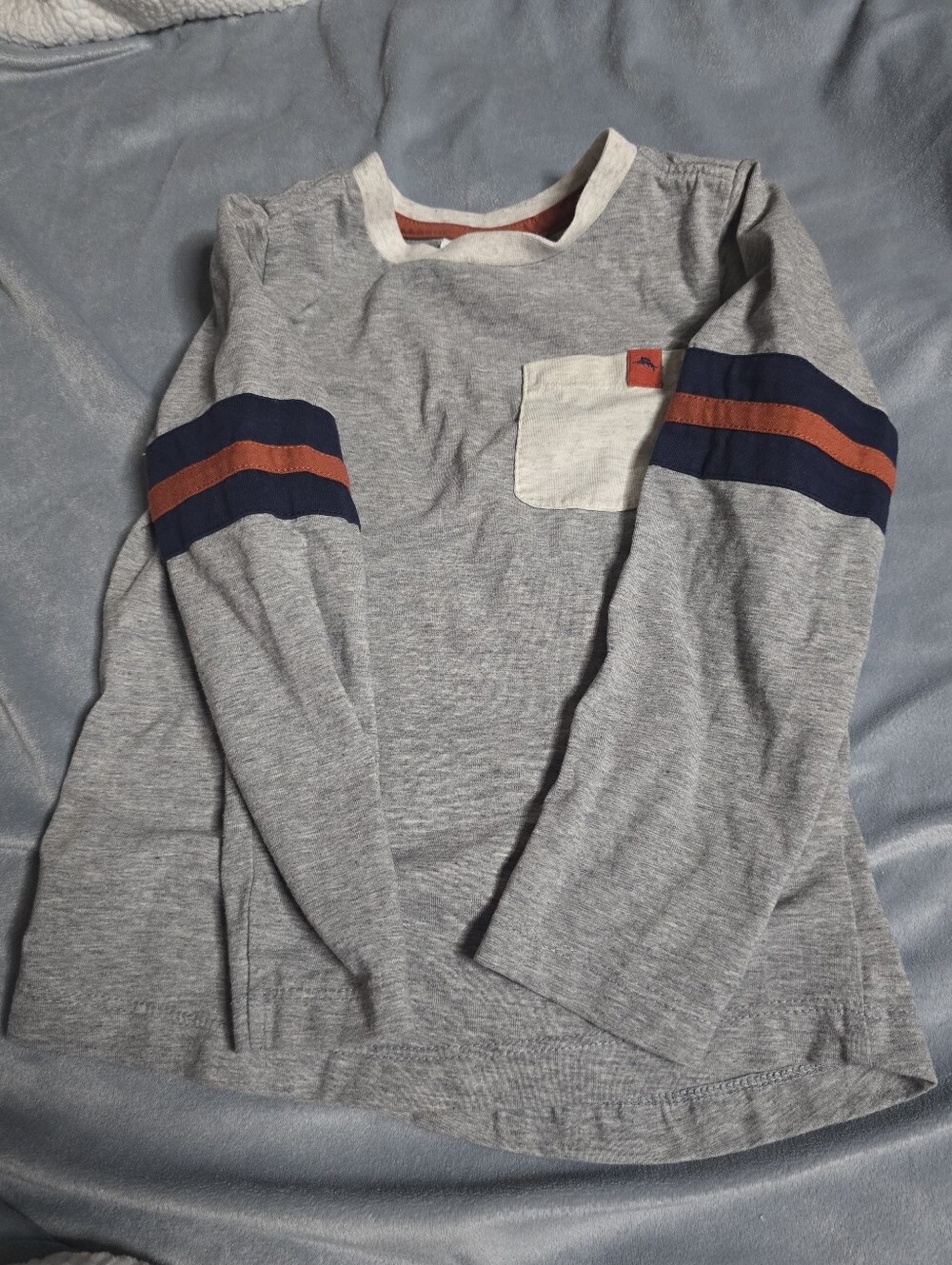 Tommy Bahama Light Gray Long-Sleeve Tee with Navy and Rust Sleeve Stripes